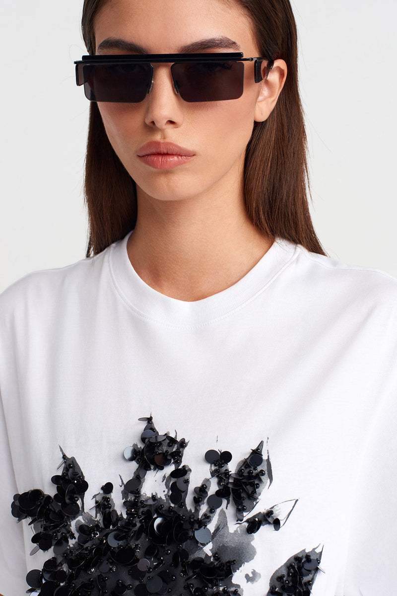 Nu Sequin Embellished Oversized T-Shirt Off White