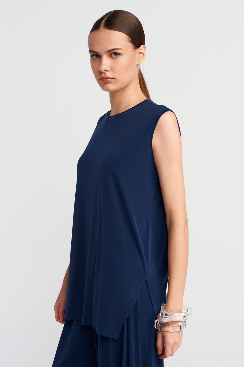 Nu Side Slit Jersey Blouse Blue+Black