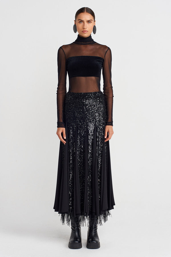 Nu Embroidered Sequin Long Elegant Skirt Black