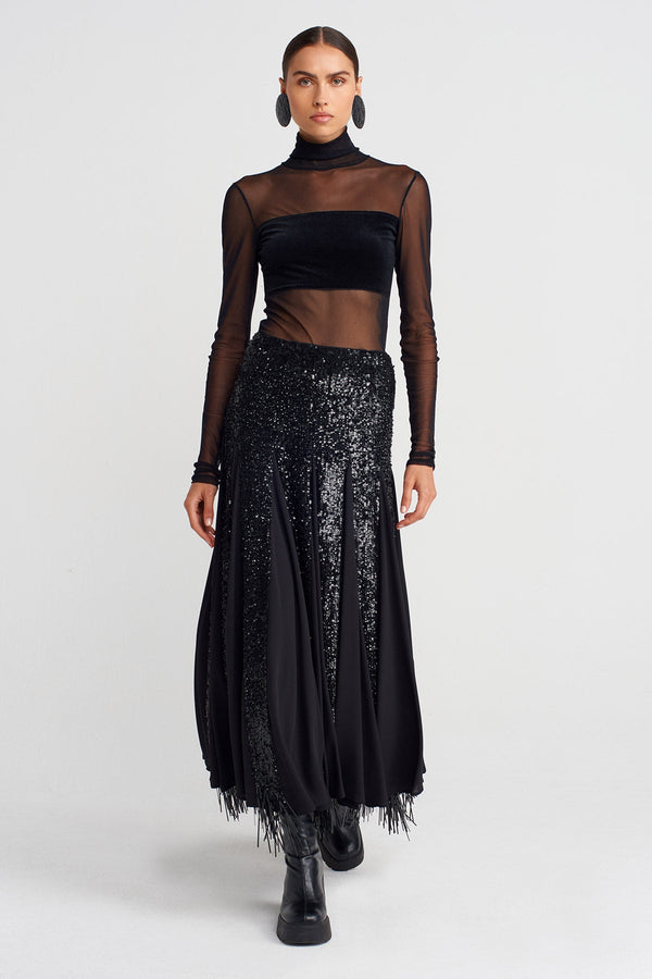 Nu Embroidered Sequin Long Elegant Skirt Black