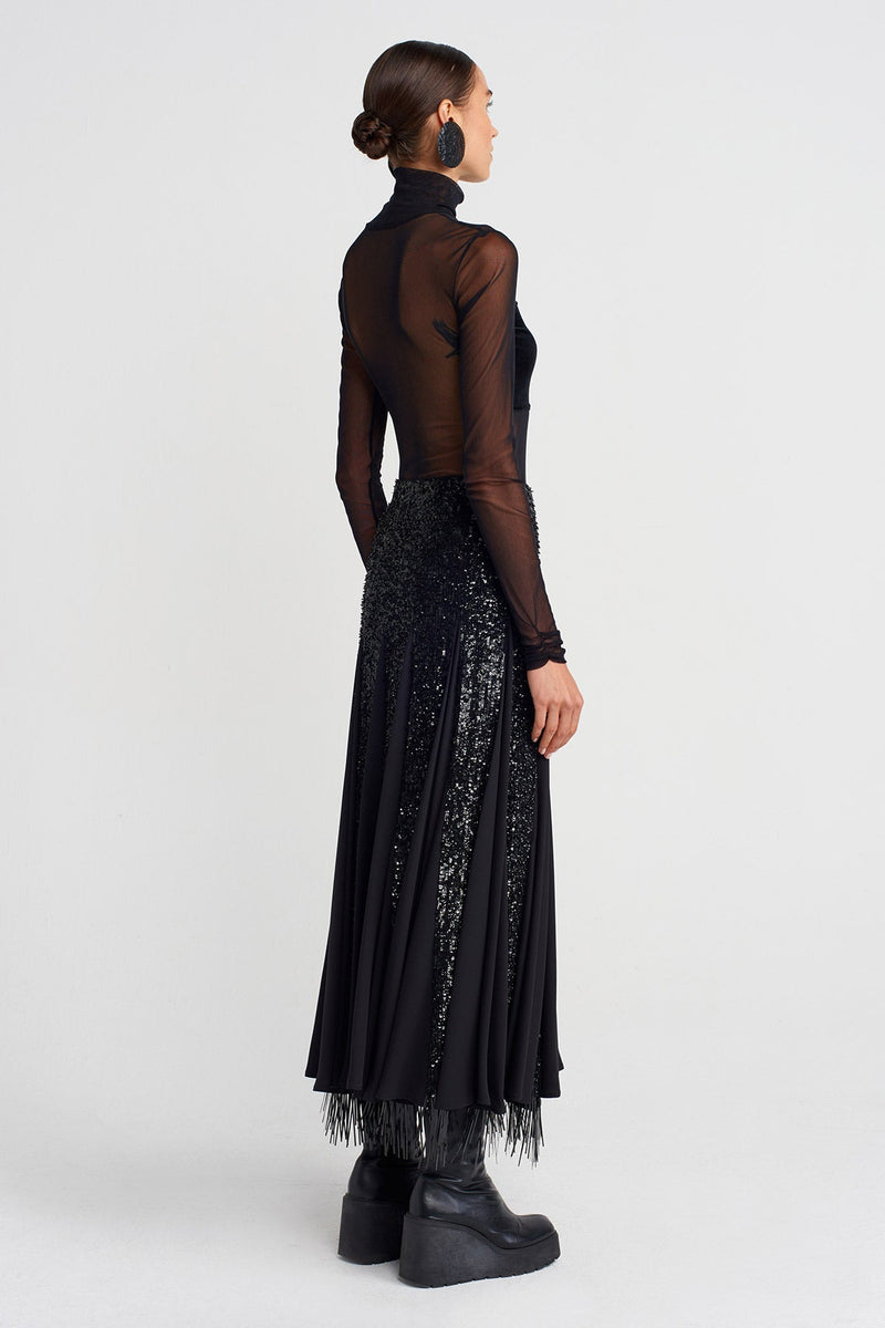 Nu Embroidered Sequin Long Elegant Skirt Black