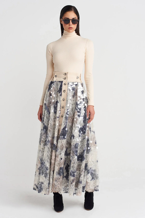 Nu Sequined Guipure Long Skirt Grey Melange