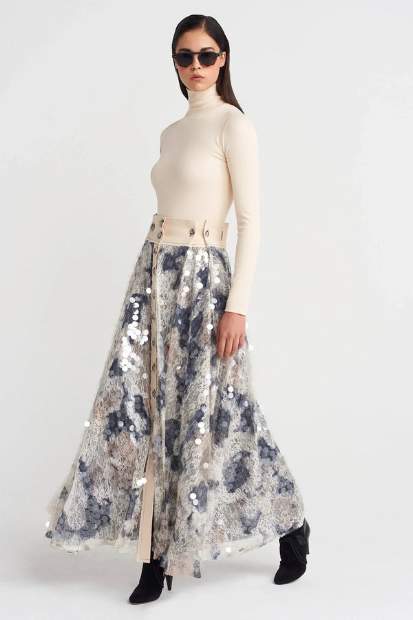 Nu Sequined Guipure Long Skirt Grey Melange