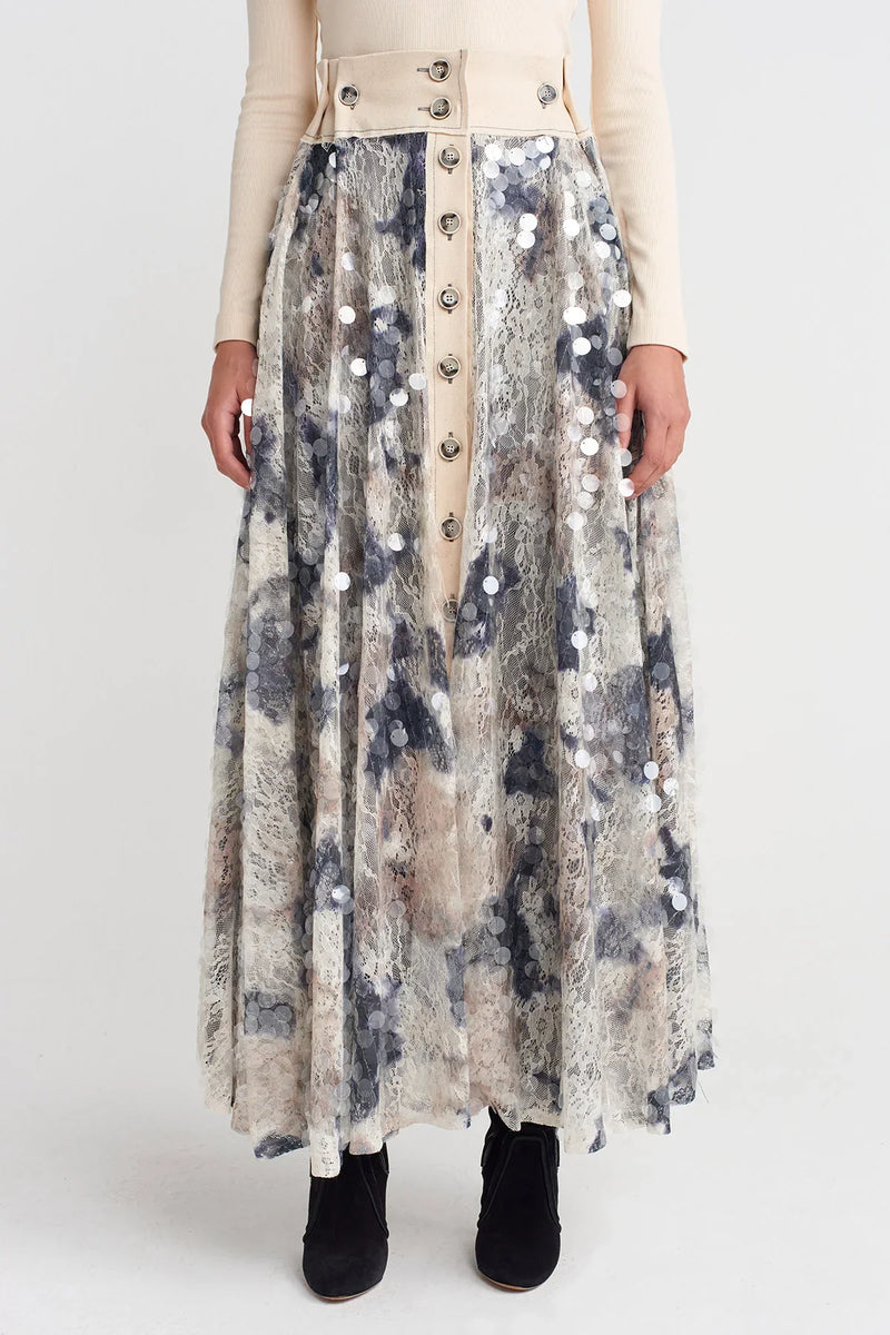 Nu Sequined Guipure Long Skirt Grey Melange