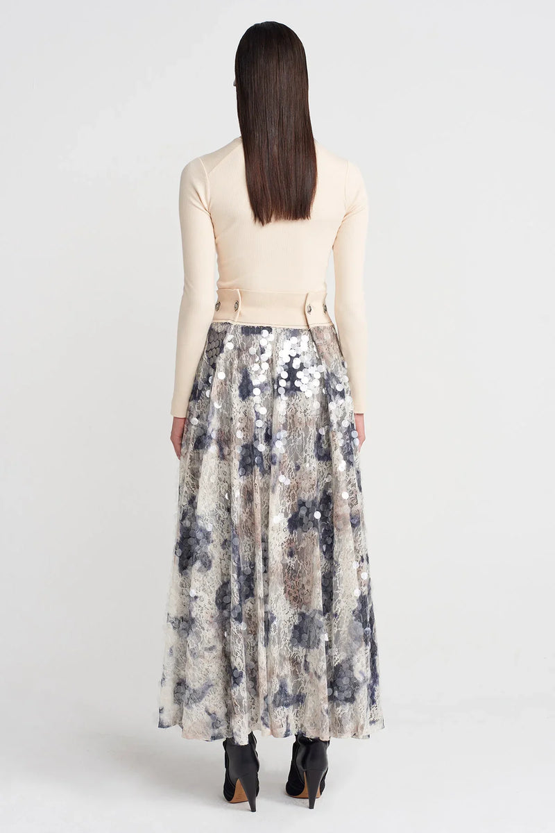 Nu Sequined Guipure Long Skirt Grey Melange