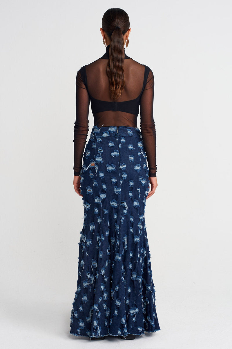 Nu Distressed Mermaid-Cut Denim Skirt  Indigo