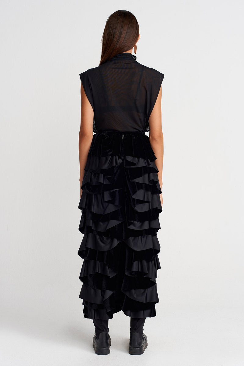 Nu Ruffled Velvet Midi Skirt Black
