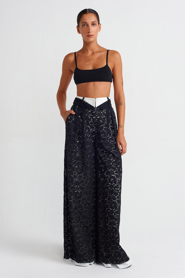 Nu Lace Palazzo Pants With Striped Lining Black