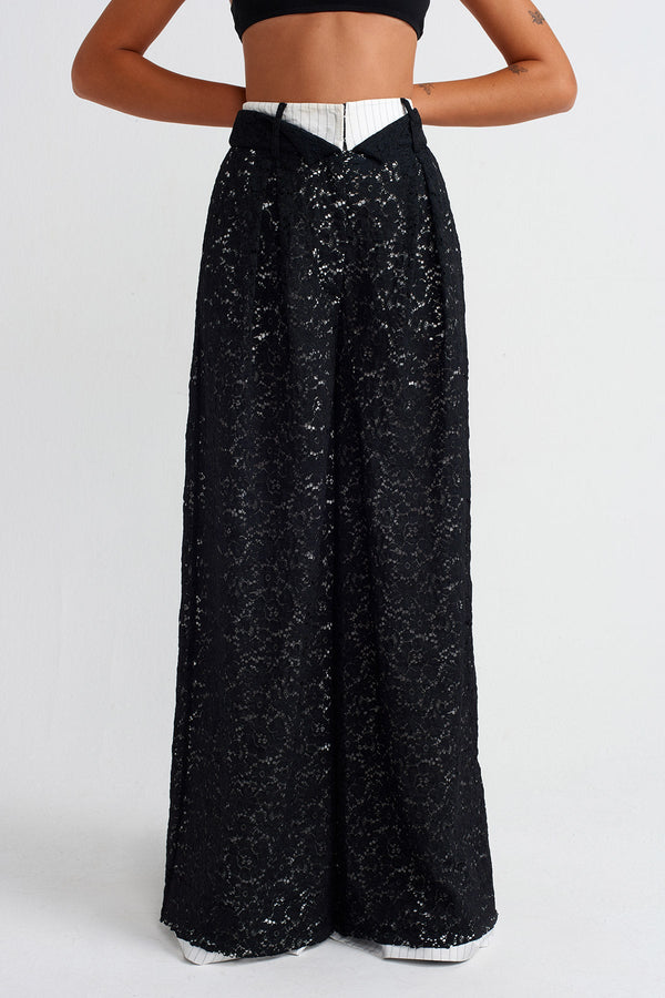 Nu Lace Palazzo Pants With Striped Lining Black