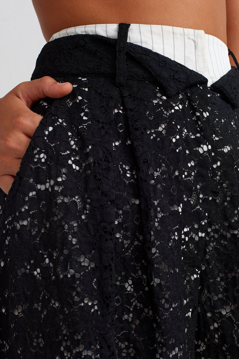 Nu Lace Palazzo Pants With Striped Lining Black