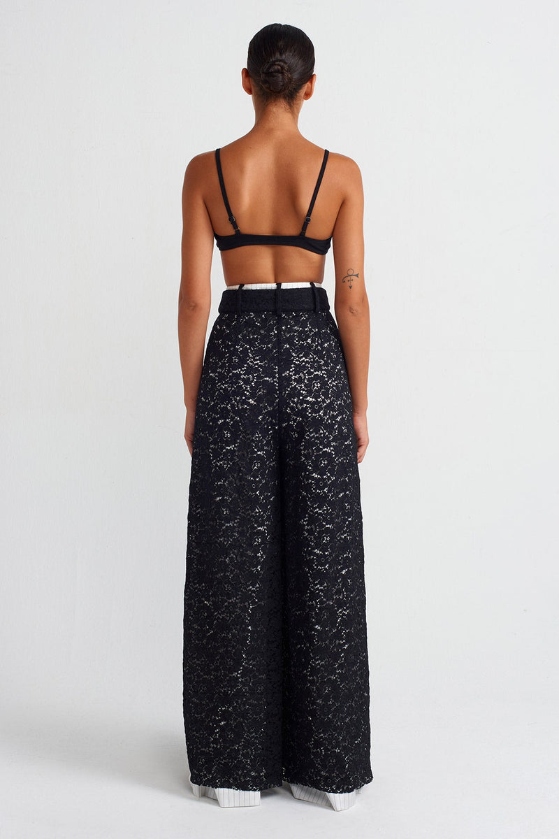 Nu Lace Palazzo Pants With Striped Lining Black