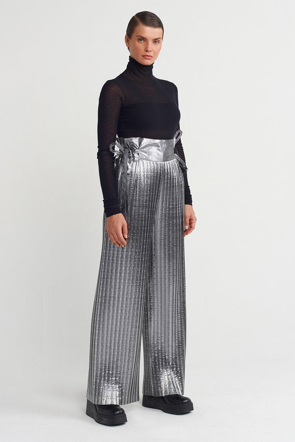 Nu Shiny Textured Ribbed Trousers Silver