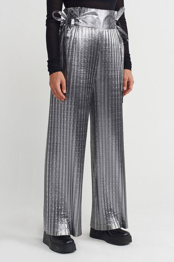 Nu Shiny Textured Ribbed Trousers Silver