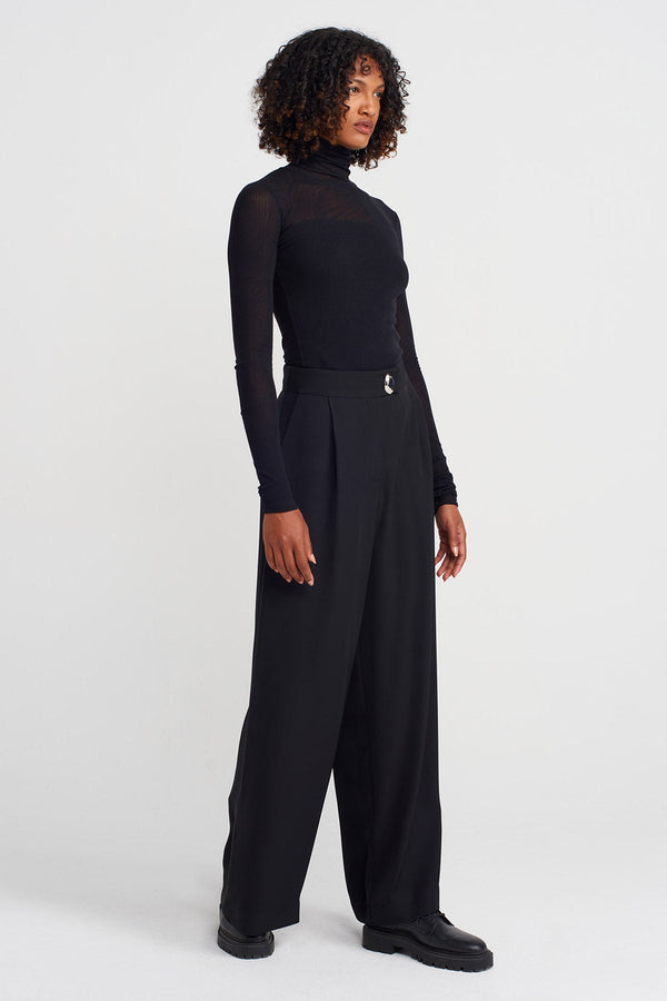 Nu High-Waisted Silver Button Palazzo Trousers Black