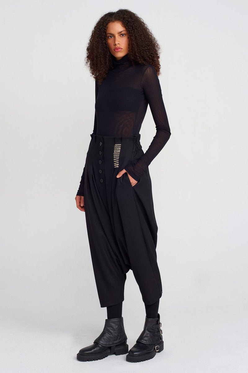 Nu Stitch Detail Buttoned Harem Pants Black