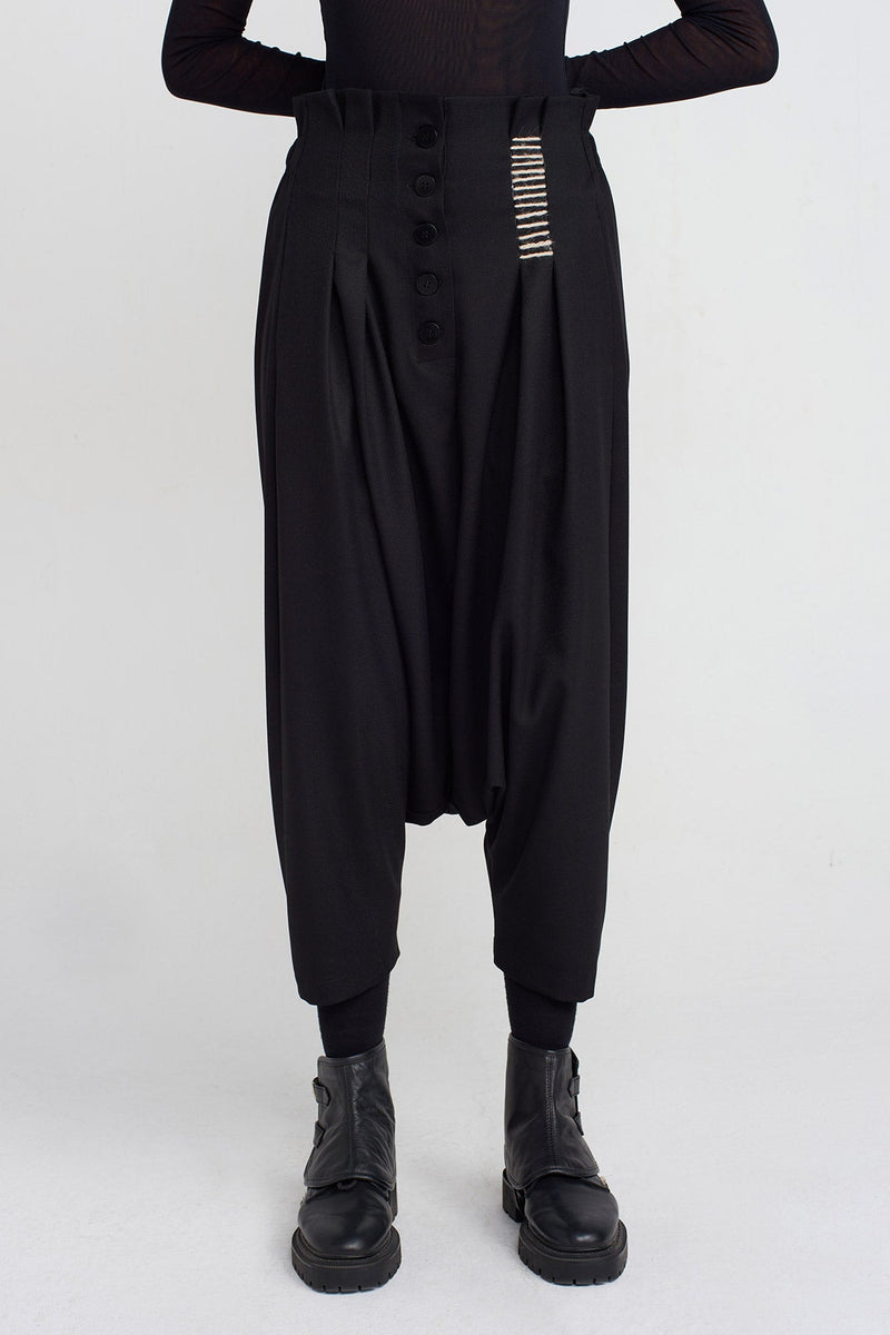 Nu Stitch Detail Buttoned Harem Pants Black