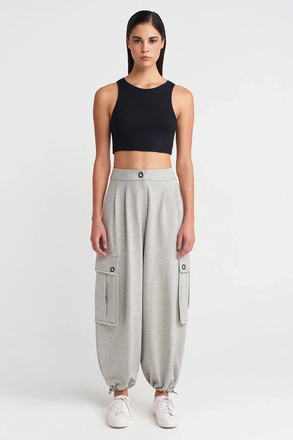 Nu Drawstring Hem Pants With Large Pockets Light Grey Melange
