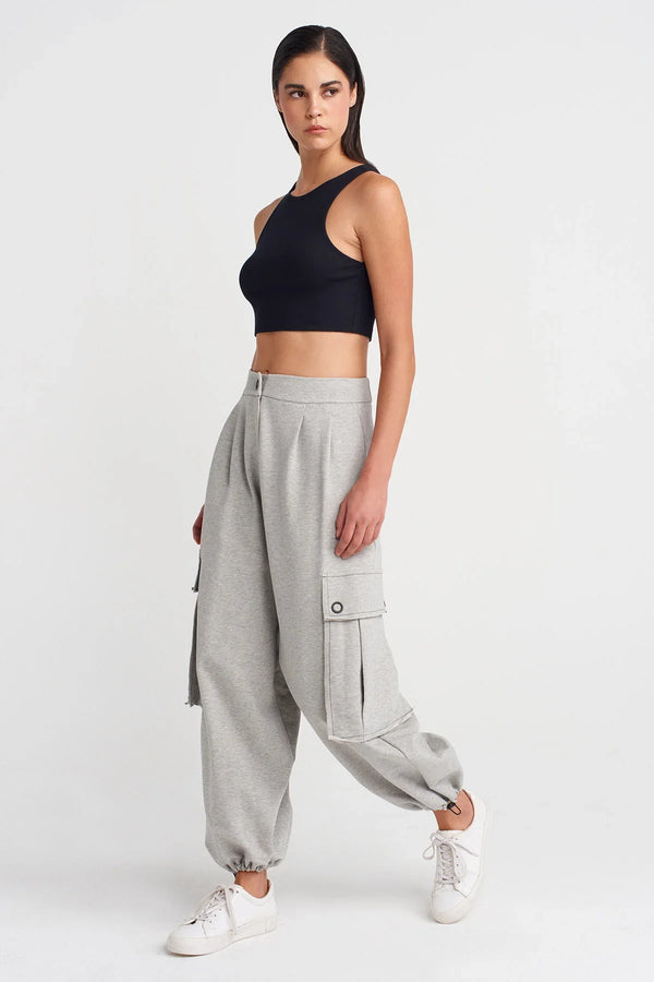 Nu Drawstring Hem Pants With Large Pockets Light Grey Melange