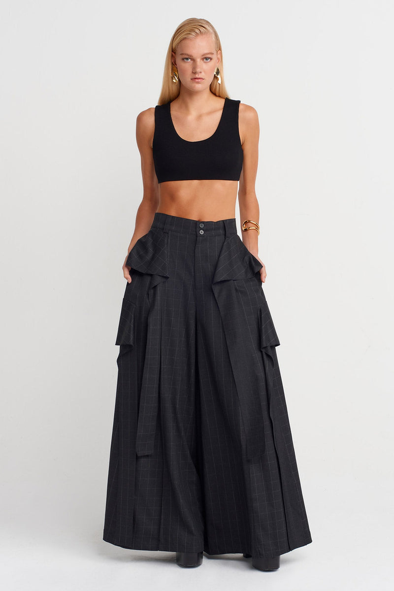 Nu Plaid Detailed Palazzo Trousers Grey-Brown