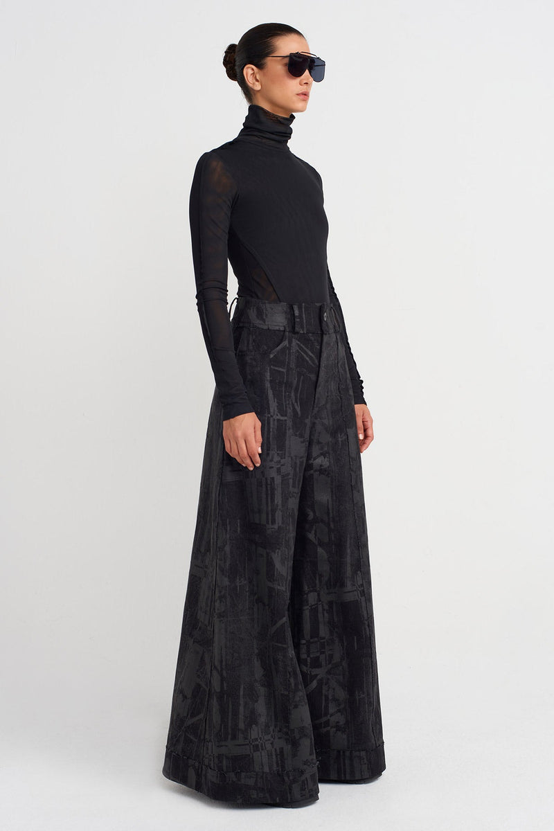 Nu Printed Wide-Leg Denim Trousers Black