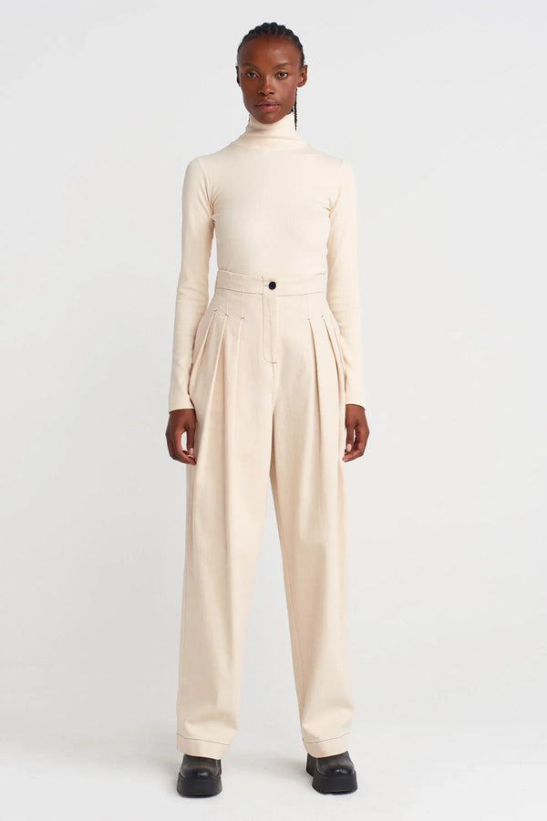 Nu High Waist Pleated Denim Trousers Natural