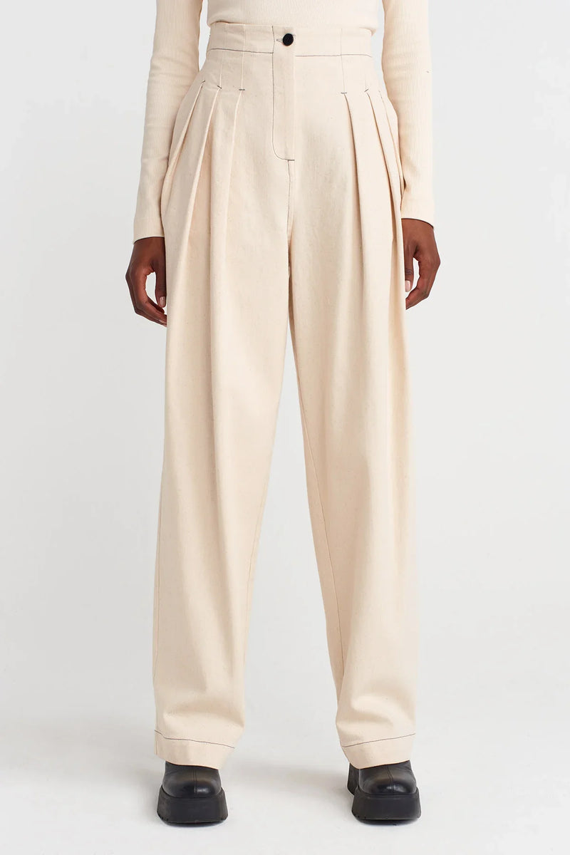 Nu High Waist Pleated Denim Trousers Natural