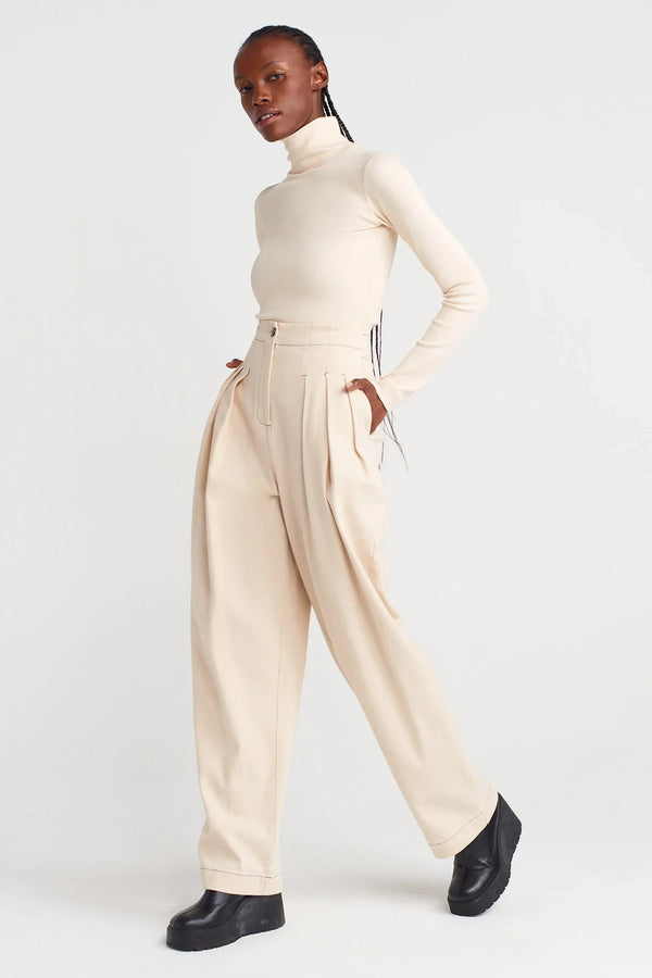Nu High Waist Pleated Denim Trousers Natural