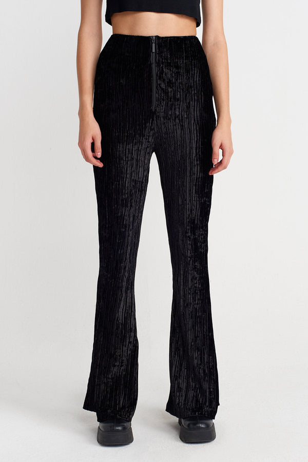 Nu Ribbed Crushed Velvet Flared Trousers Black
