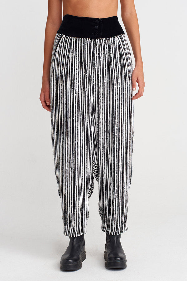 Nu Velvet-Waist Beaded Trousers Black-White