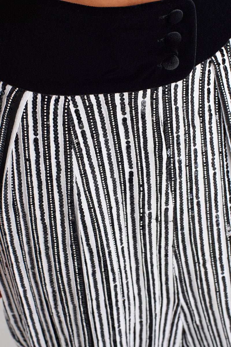 Nu Velvet-Waist Beaded Trousers Black-White