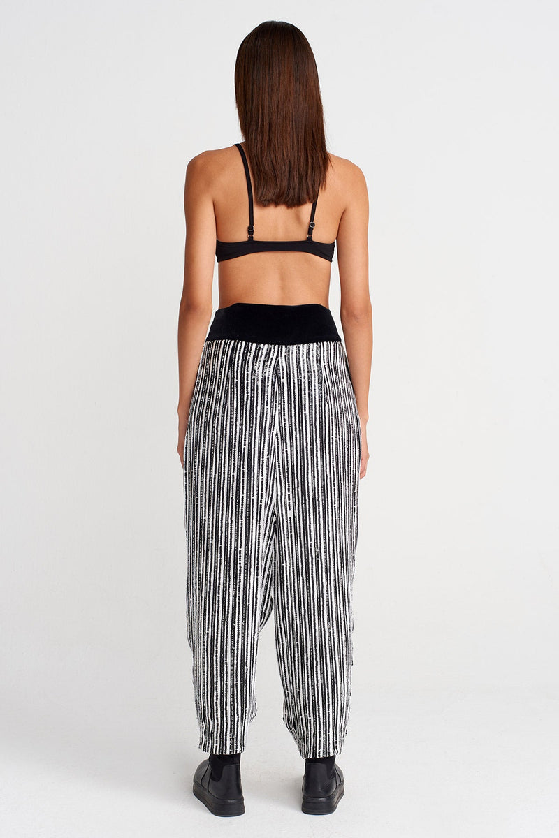 Nu Velvet-Waist Beaded Trousers Black-White