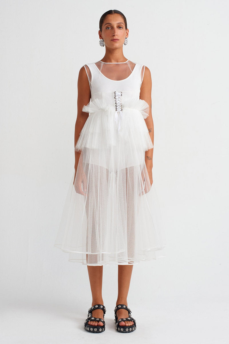 Nu Corset Detail Tulle Ball Gown Off White