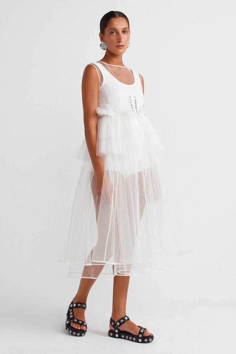 Nu Corset Detail Tulle Ball Gown Off White