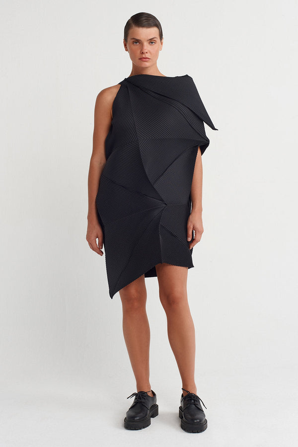 Nu Origami-Style Pleated Dress Black