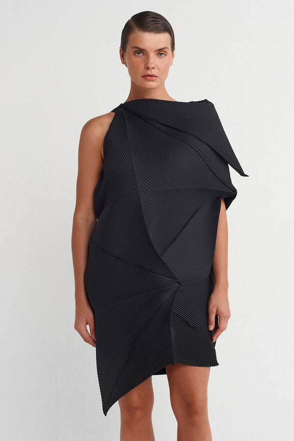 Nu Origami-Style Pleated Dress Black