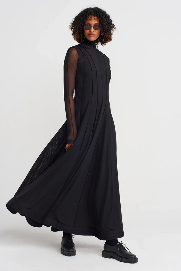 Nu Embroidered Collar Long Tulle Dress Natural/Black