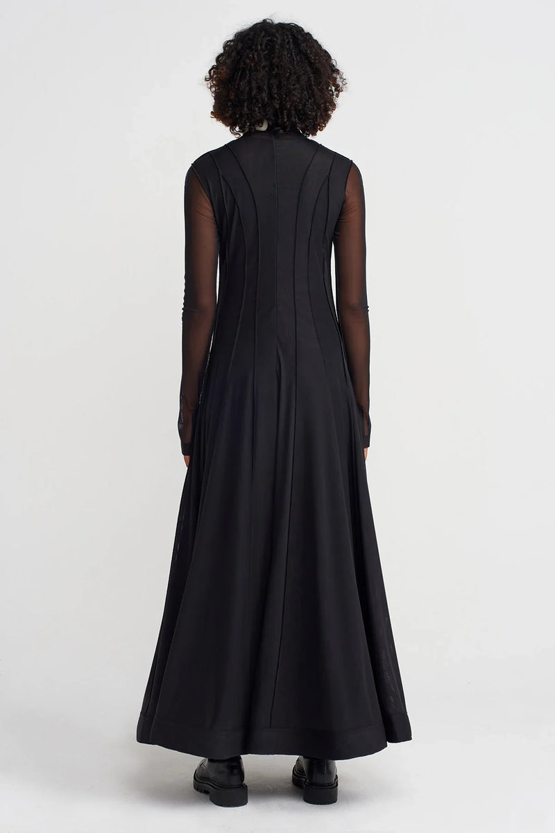 Nu Embroidered Collar Long Tulle Dress Natural/Black