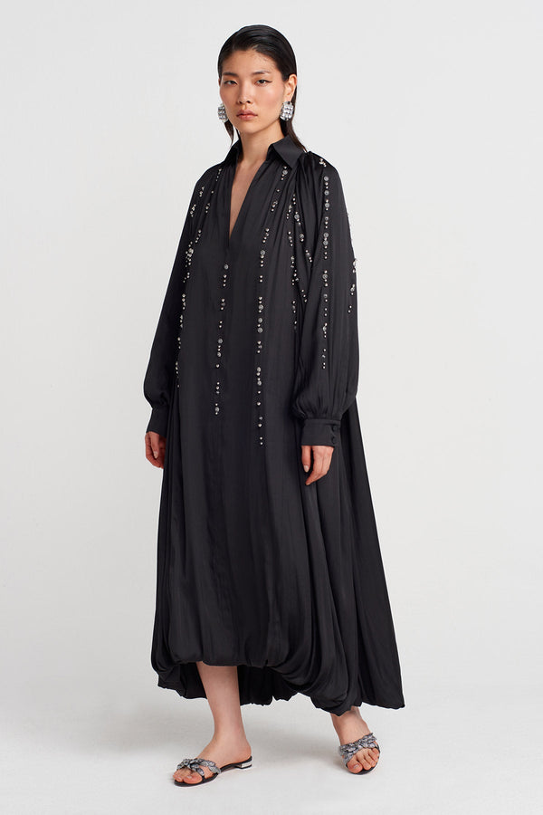 Nu Shirt Collar Embroidered Dress With Balloon Details Black