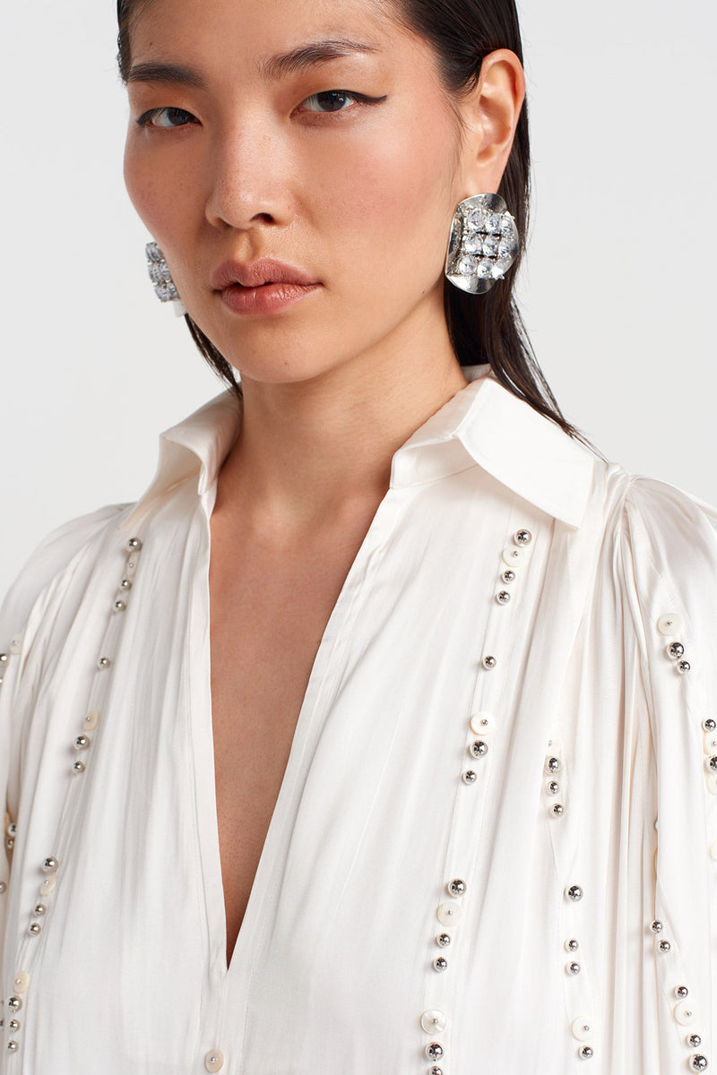 Nu Shirt Collar Embroidered Dress With Balloon Details Off White