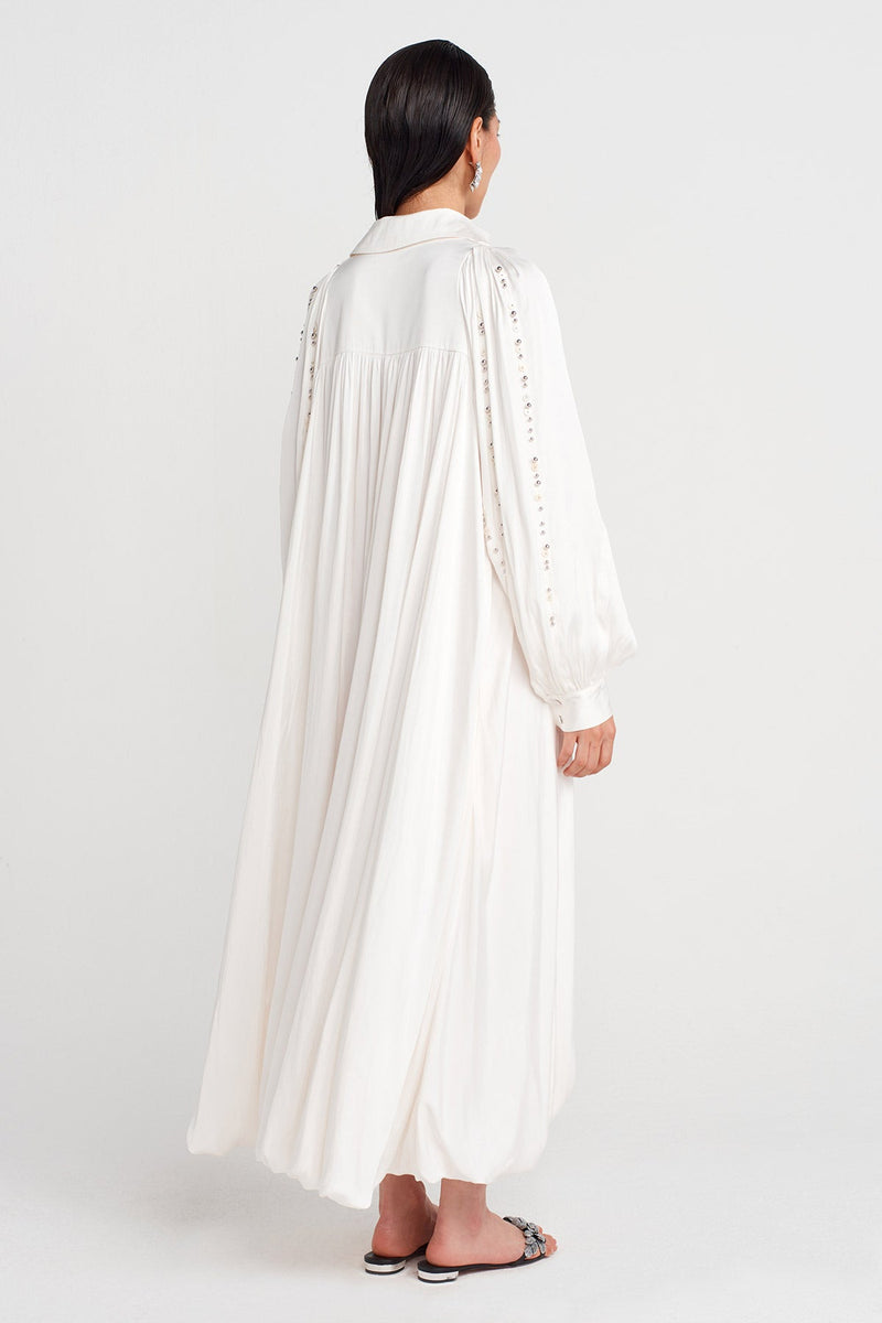 Nu Shirt Collar Embroidered Dress With Balloon Details Off White