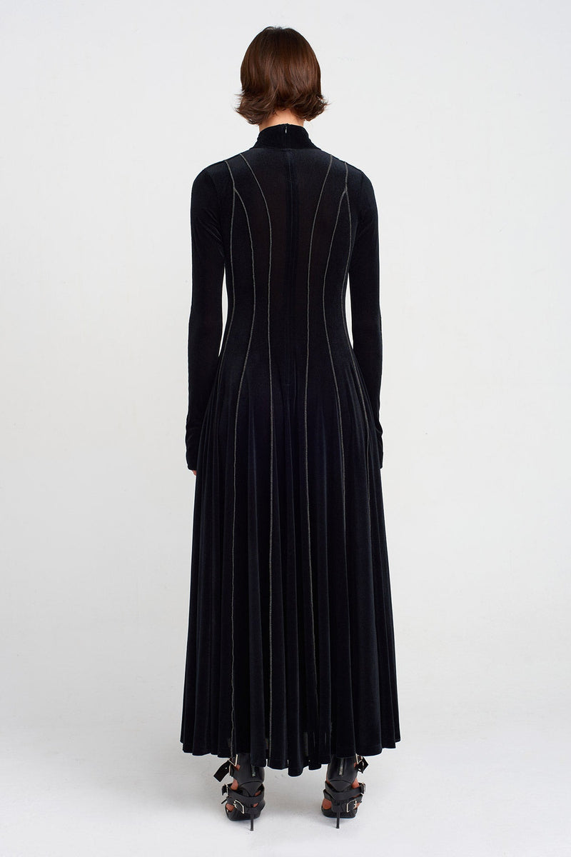 Nu Stitch Detailed Long Velvet Dress Black