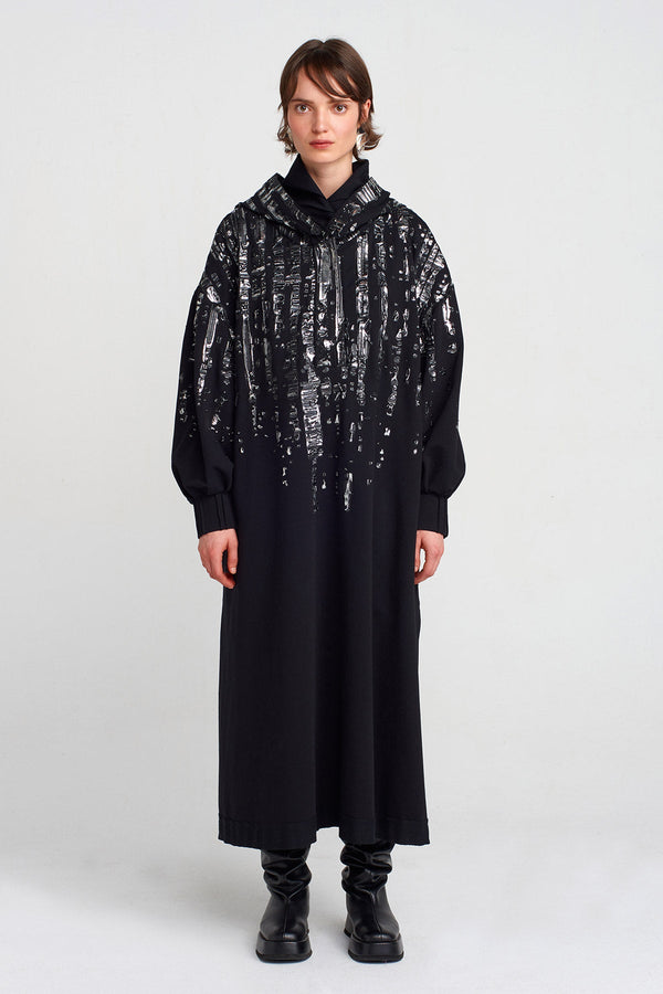 Nu Puffy Silver Printed Long Dress Black