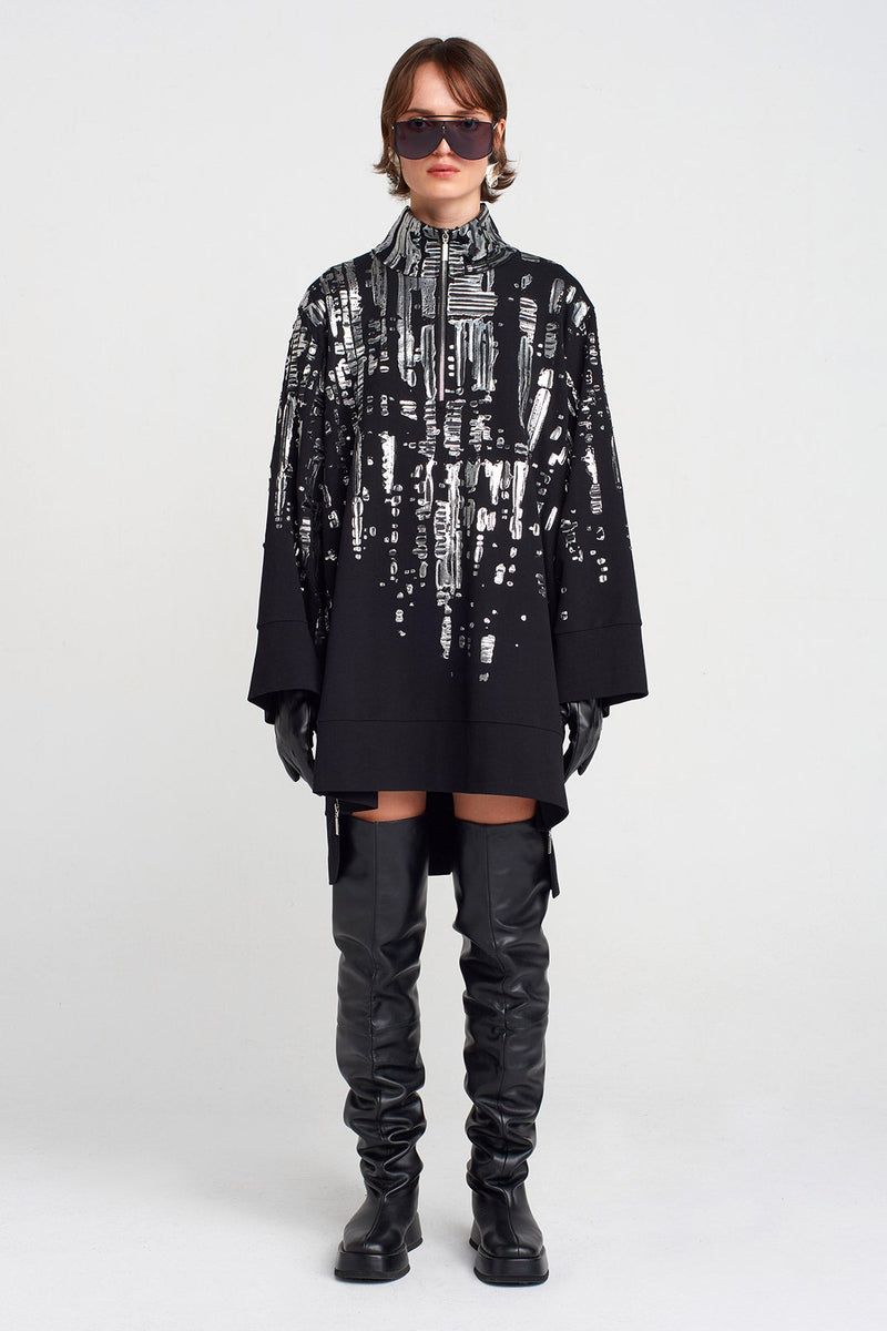 Nu Puffy Silver Printed Short Dress Black