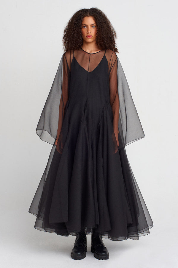 Nu Long Sleeve Organza Puffy Dress Black