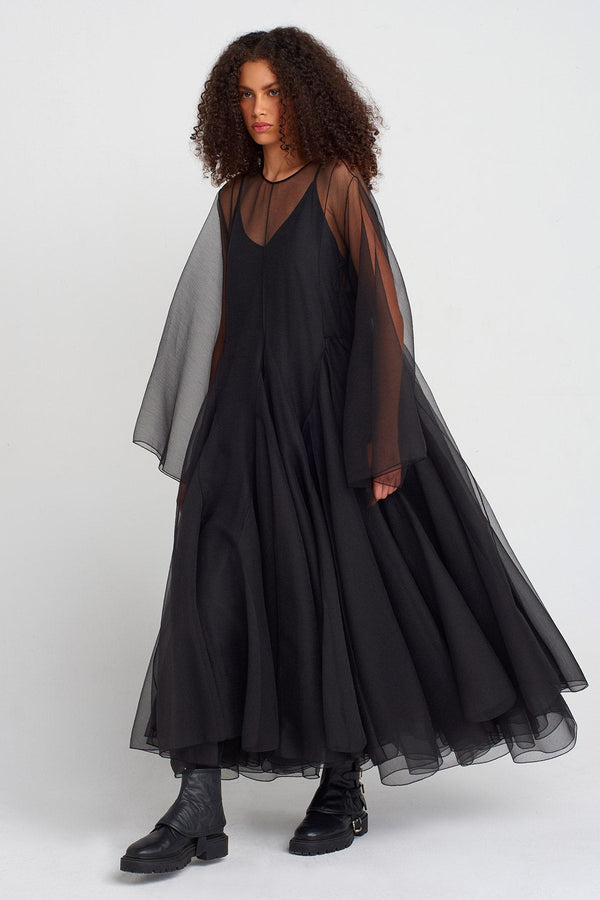 Nu Long Sleeve Organza Puffy Dress Black