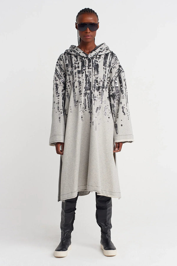 Nu Embossed Foil Print Hooded Dress Light Grey Melange