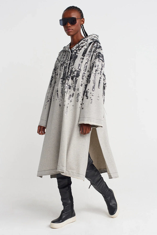 Nu Embossed Foil Print Hooded Dress Light Grey Melange