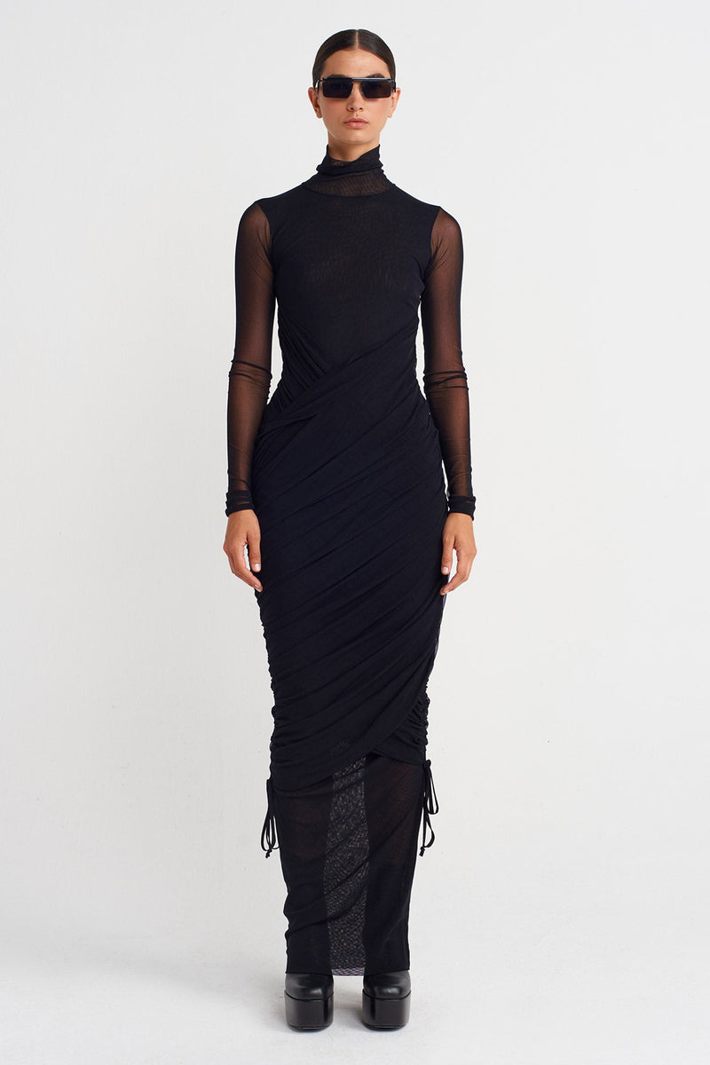 Nu Ruched Long Tulle Dress Black