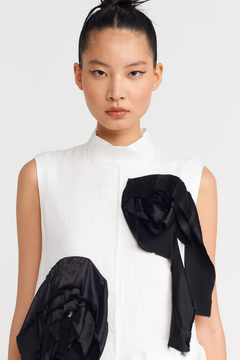 Nu Floral Appliqué Linen Dress Off White/Black