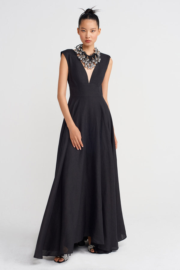Nu Deep V-Neck Long Linen Dress Black